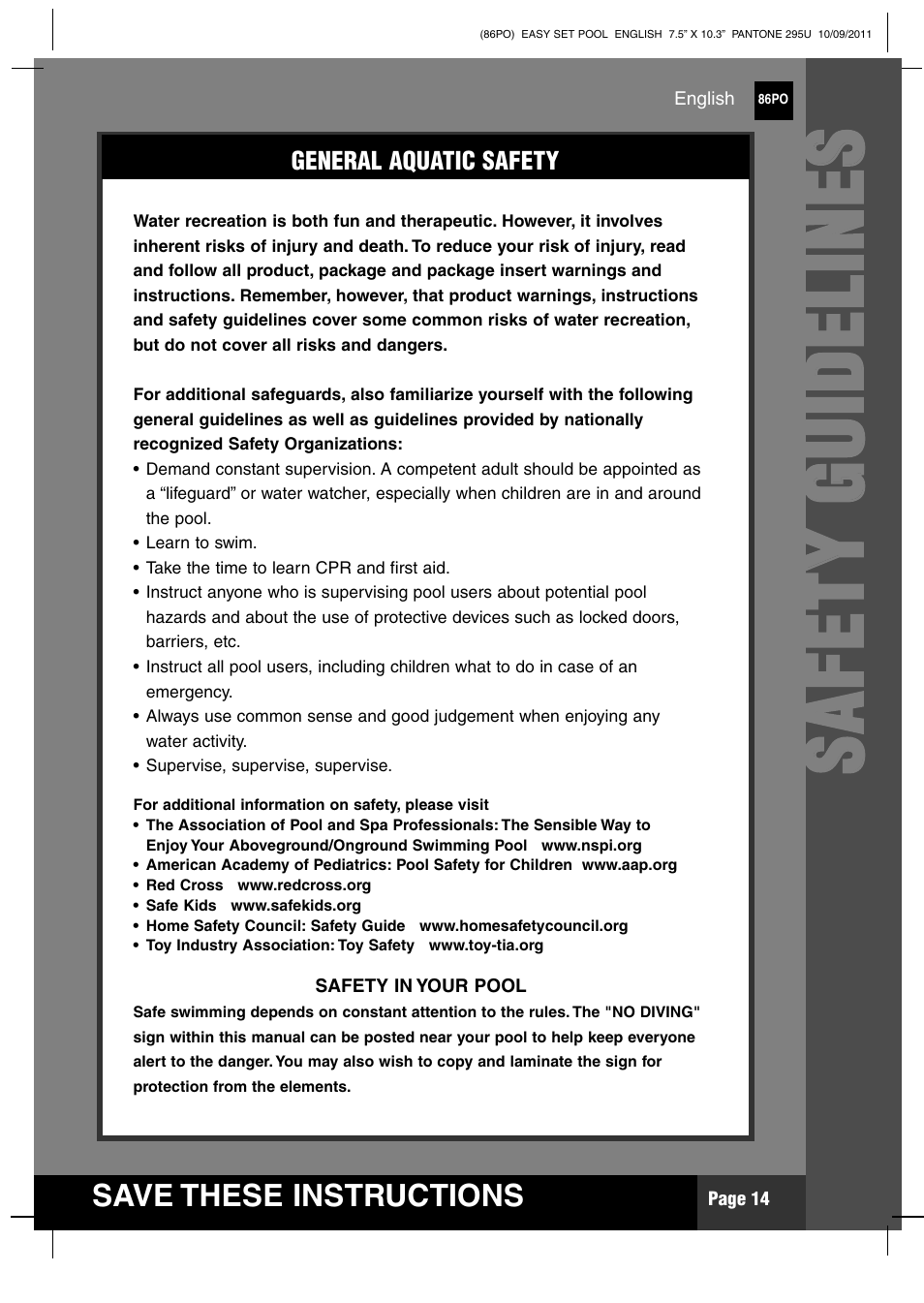 Ss aa ff ee tt yy gg uu iidd ee ll iinn ee ss | Intex 12 FT X 30 IN EASY SET POOL 2012 User Manual | Page 14 / 17
