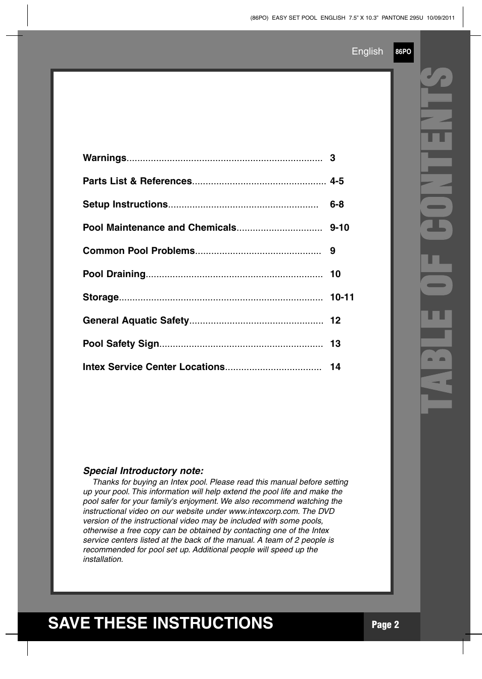 Tt aa bb ll ee oo ff cc oo nn tt ee nn tt ss | Intex 12 FT X 30 IN EASY SET POOL 2012 User Manual | Page 2 / 17