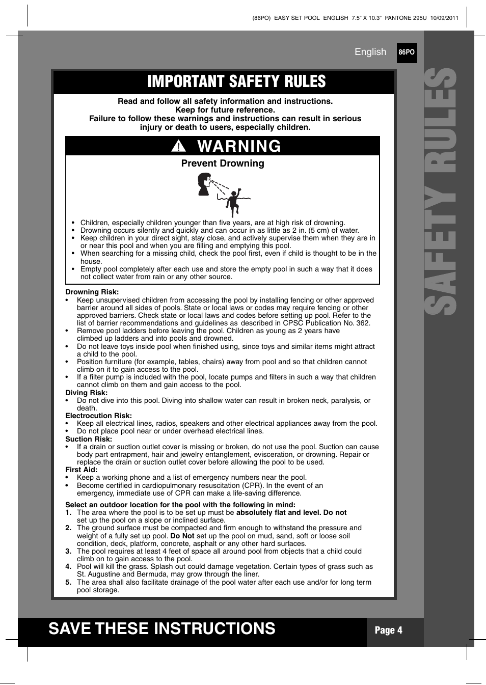 Ss aa ff ee tt yy rr uu ll ee ss, S ave these instructions, Warning | Important safety rules | Intex 12 FT X 30 IN EASY SET POOL 2012 User Manual | Page 4 / 17