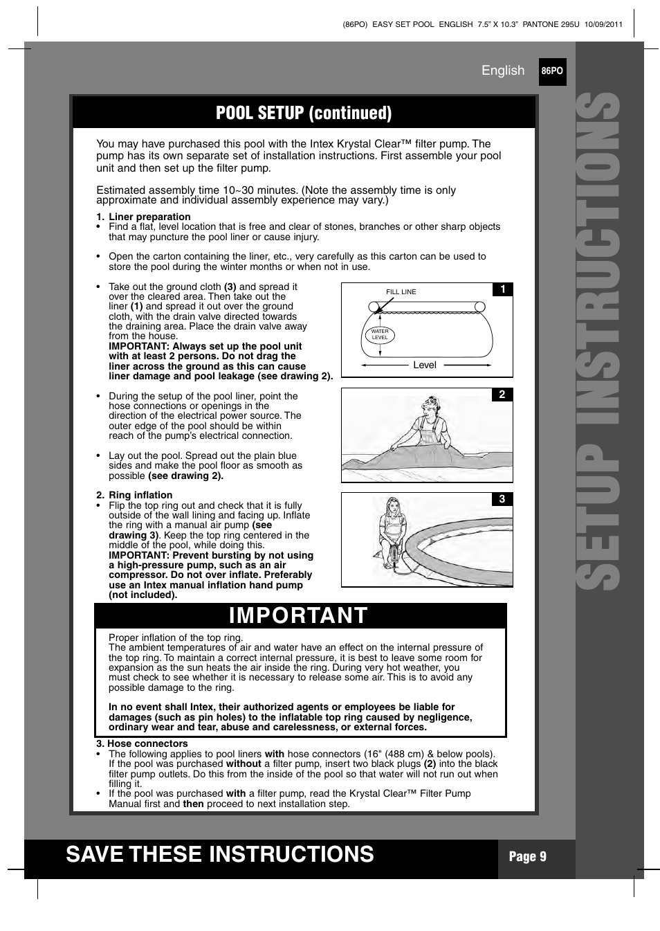 Ss ee tt uu pp ii nn ss tt rr uu cc tt iioo nn ss | Intex 12 FT X 30 IN EASY SET POOL 2012 User Manual | Page 9 / 17