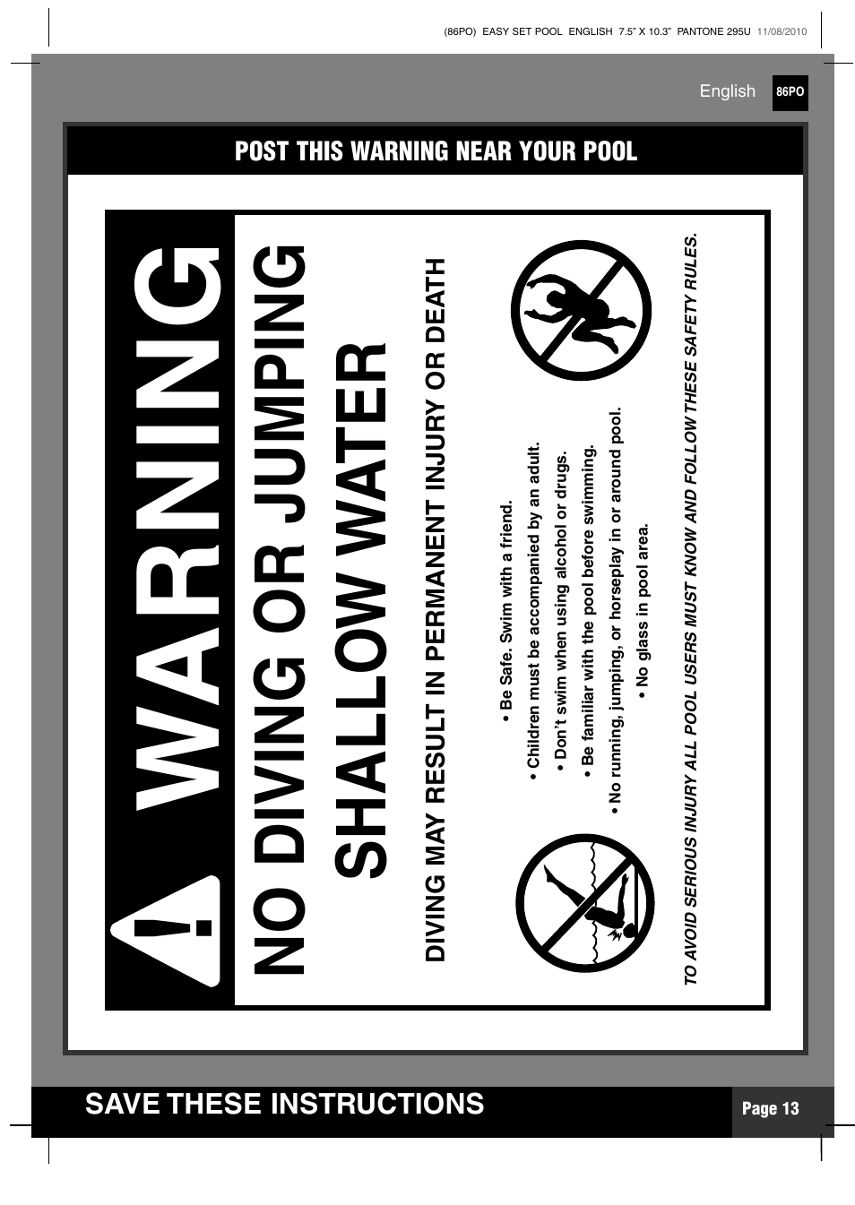 Wa r n in g, Save these instructions | Intex 12 FT X 30 IN EASY SET POOL 2011 User Manual | Page 13 / 15