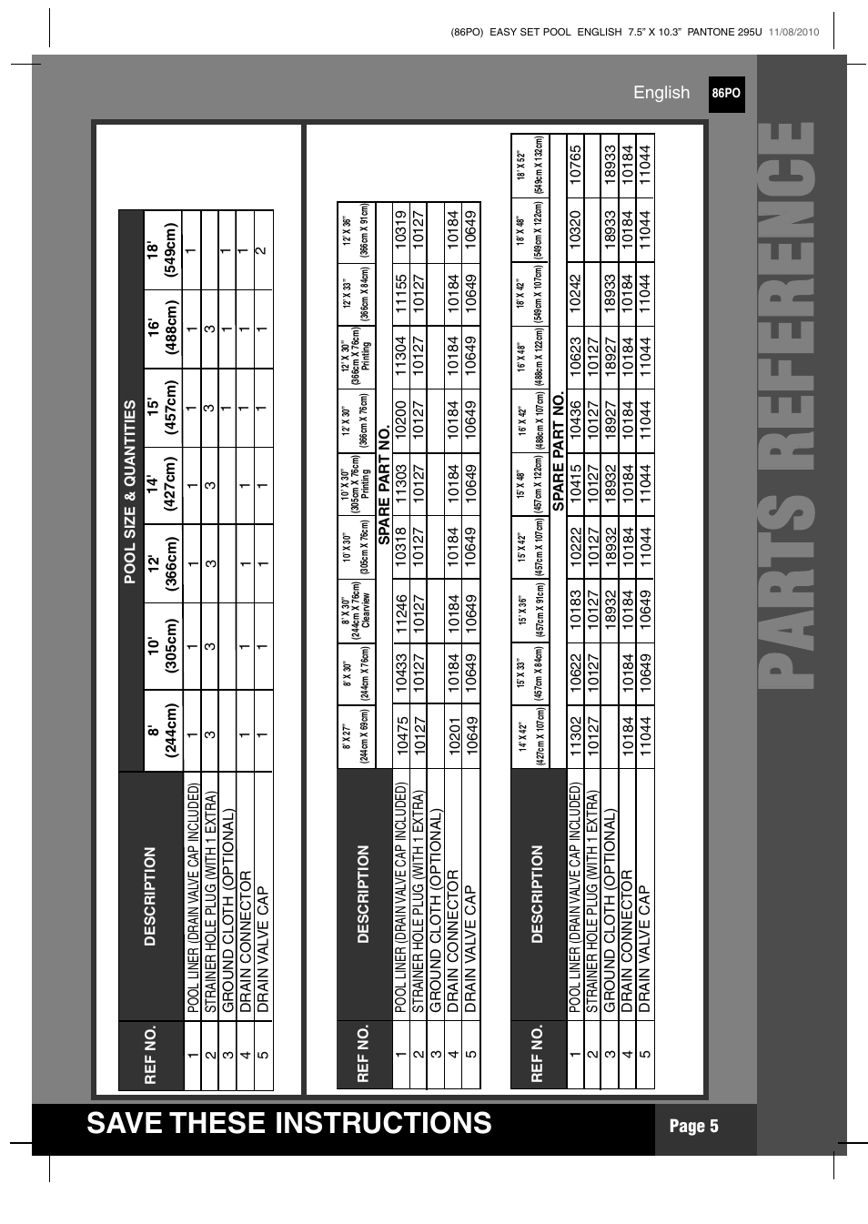 Pp aa rr tt ss rr ee ff ee rr ee nn cc ee, S ave these instructions, Page 5 | English | Intex 12 FT X 30 IN EASY SET POOL 2011 User Manual | Page 5 / 15