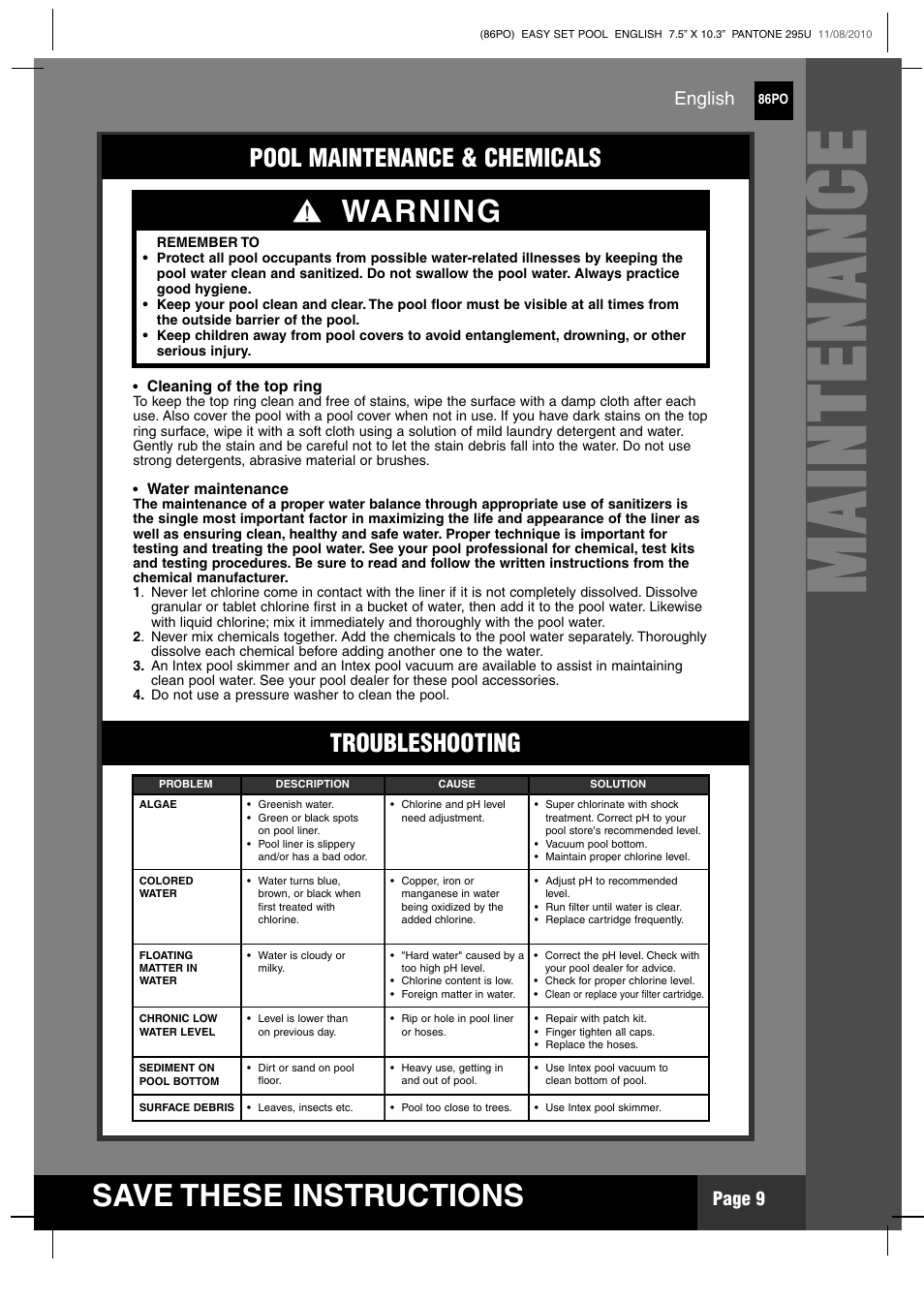 Mm aa iinn tt ee nn aa nn cc ee, S ave these instructions, Warning | Pool maintenance & chemicals troubleshooting | Intex 12 FT X 30 IN EASY SET POOL 2011 User Manual | Page 9 / 15