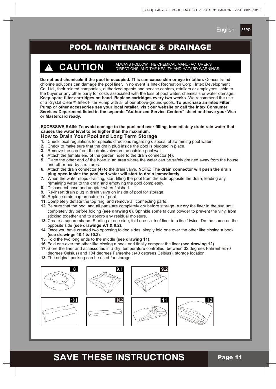 S ave these instructions, Caution, Pool maintenance & drainage | English page 11 | Intex 10 FT X 30 IN OCEAN REEF EASY SET POOL SET User Manual | Page 11 / 14
