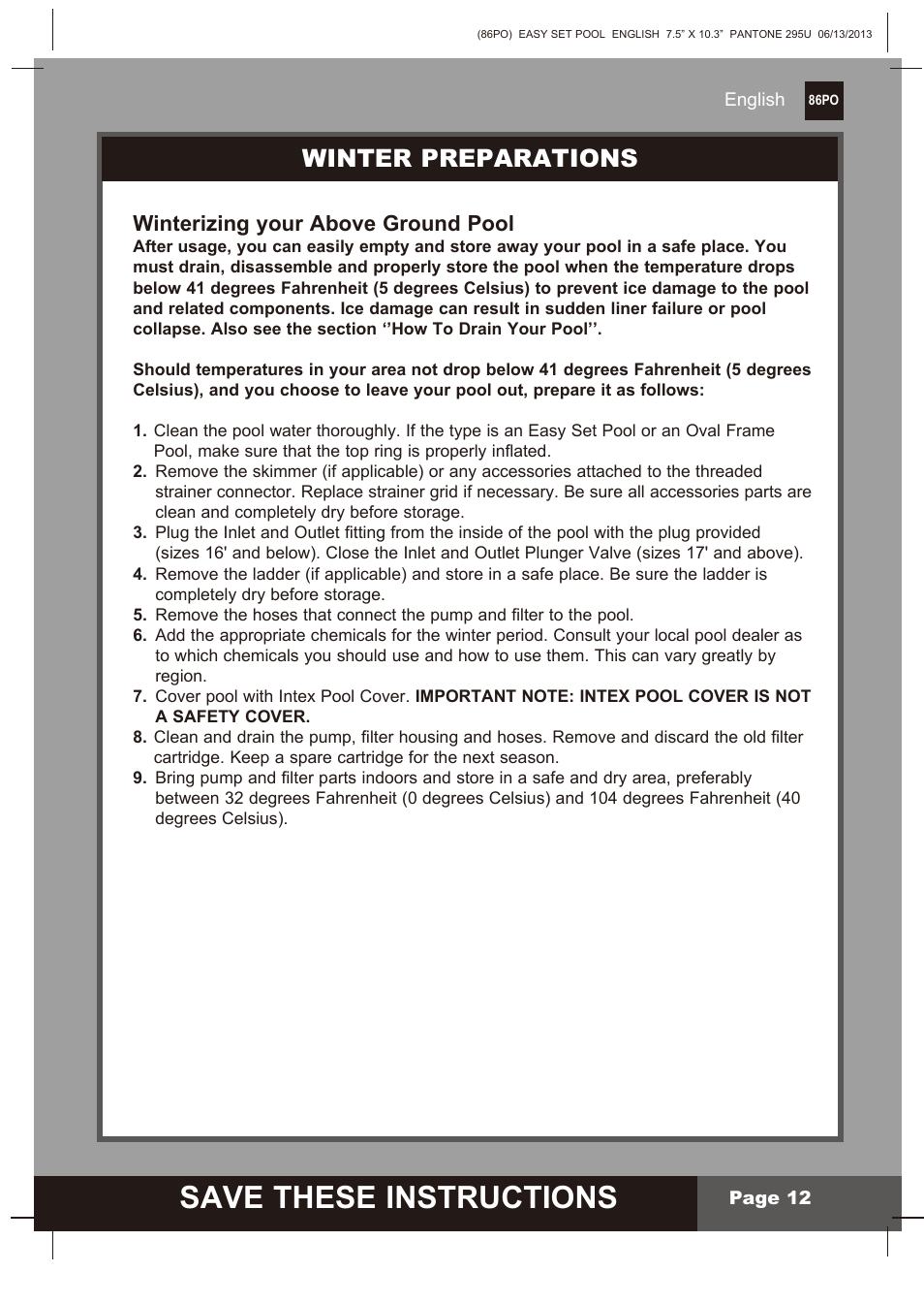 S ave these instructions, Winter preparations, Winterizing your above ground pool | Intex 10 FT X 30 IN OCEAN REEF EASY SET POOL SET User Manual | Page 12 / 14