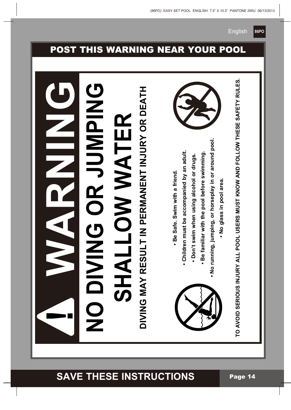 Warning, No diving or jumping shallow water, S ave these instructions | Intex 10 FT X 30 IN OCEAN REEF EASY SET POOL SET User Manual | Page 14 / 14