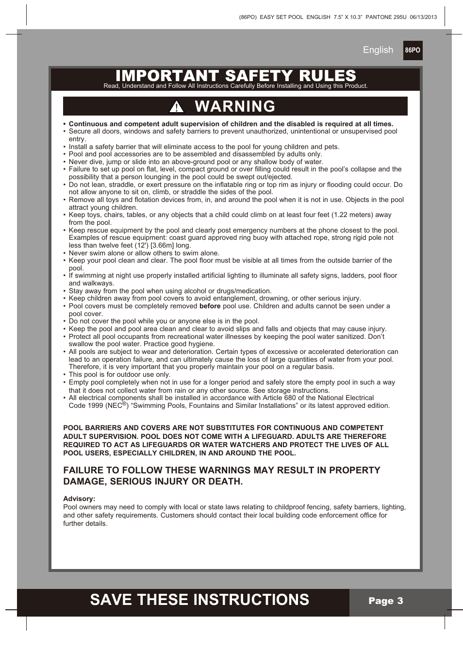 S ave these instructions, Important safety rules, Warning | English page 3 | Intex 10 FT X 30 IN OCEAN REEF EASY SET POOL SET User Manual | Page 3 / 14