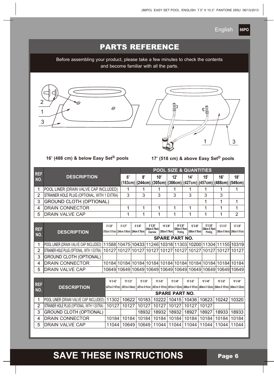 S ave these instructions, Parts reference, English page 6 | Intex 10 FT X 30 IN OCEAN REEF EASY SET POOL SET User Manual | Page 6 / 14