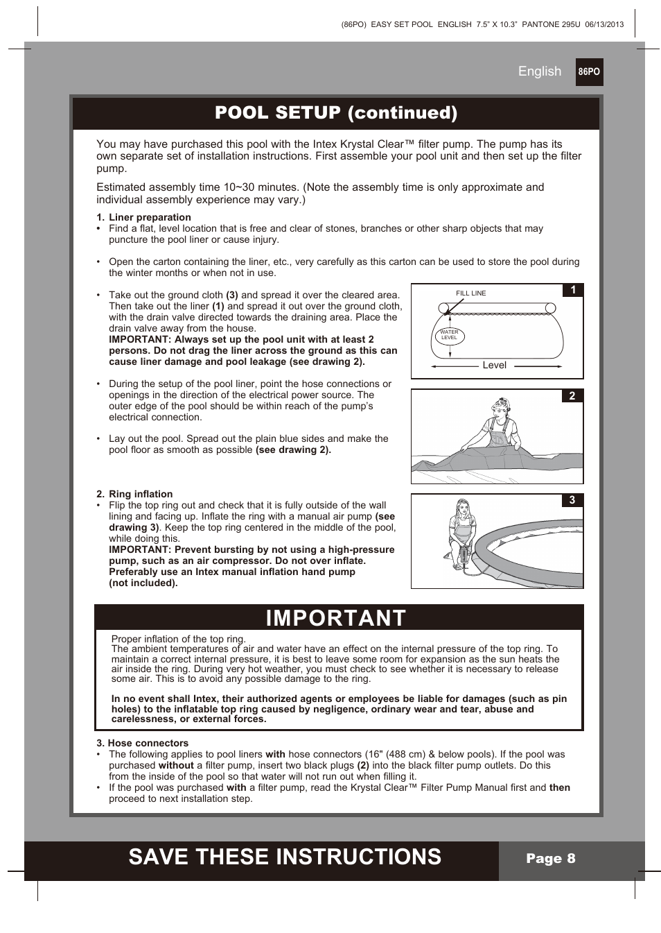 S ave these instructions, Important, Pool setup (continued) | English page 8 | Intex 10 FT X 30 IN OCEAN REEF EASY SET POOL SET User Manual | Page 8 / 14