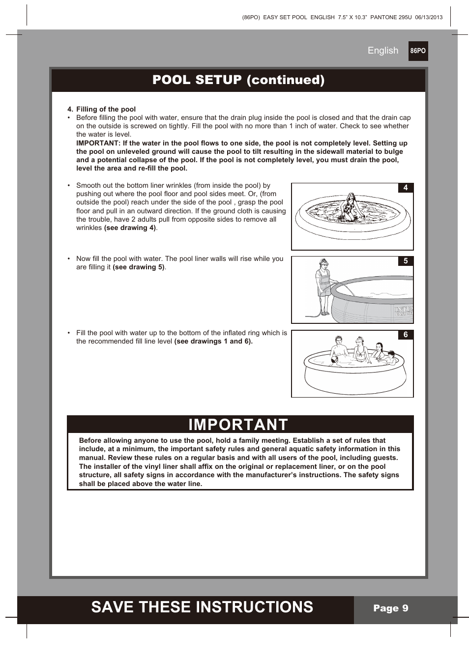 S ave these instructions, Important, Pool setup (continued) | English page 9 | Intex 10 FT X 30 IN OCEAN REEF EASY SET POOL SET User Manual | Page 9 / 14