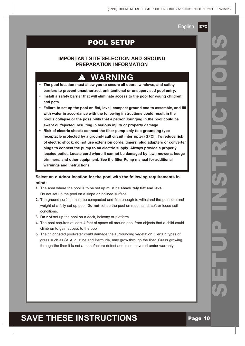 Setup instructions, Save these instructions, Warning | Intex 12 FT X 30 IN METAL FRAME POOL 2013 User Manual | Page 10 / 17