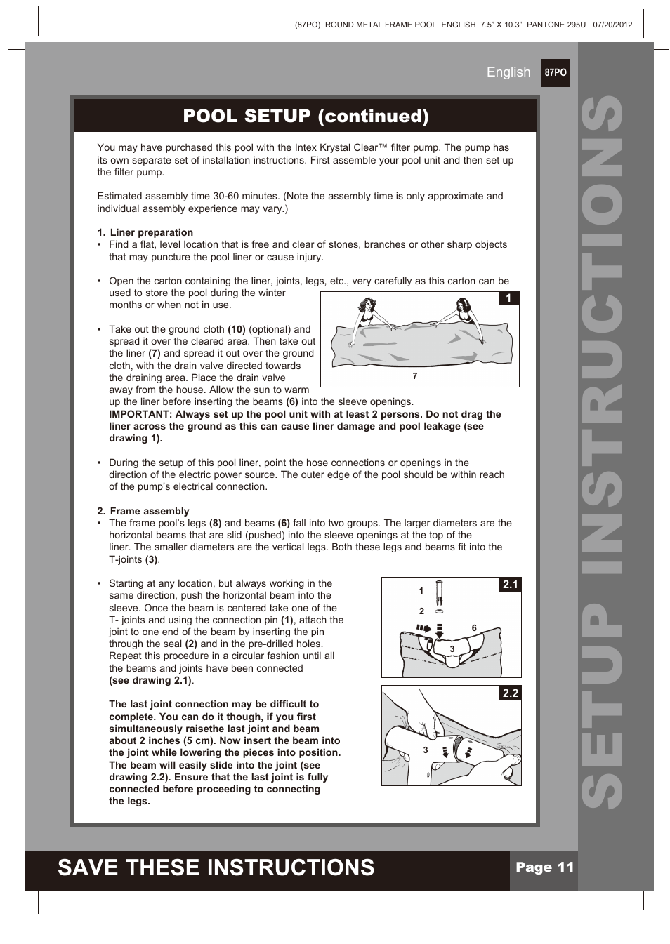 Setup instructions, Save these instructions, Pool setup (continued) | Intex 12 FT X 30 IN METAL FRAME POOL 2013 User Manual | Page 11 / 17