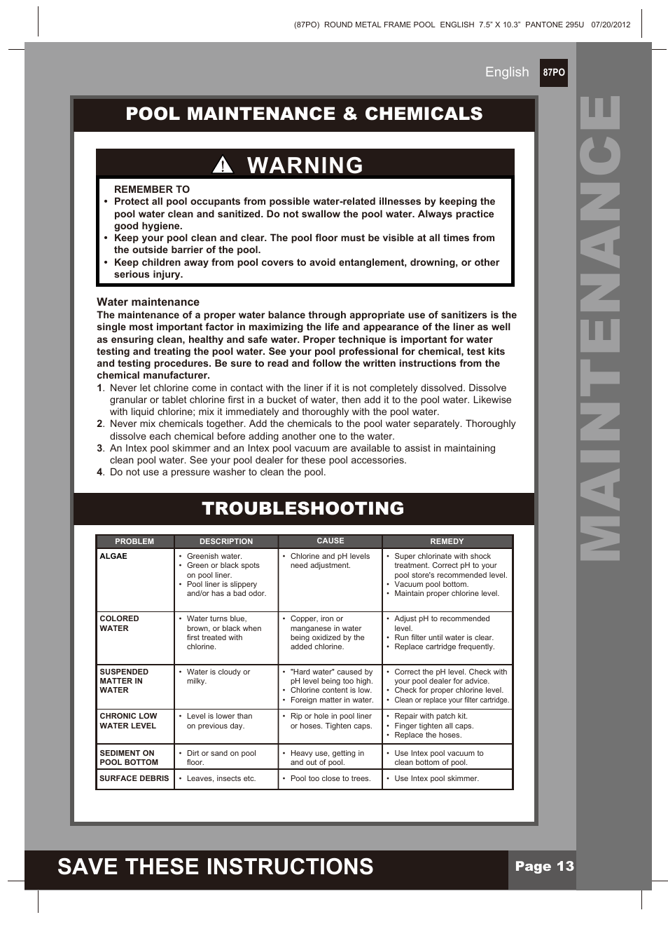 Maintenance, Save these instructions, Warning | Pool maintenance & chemicals troubleshooting, Page 13 english | Intex 12 FT X 30 IN METAL FRAME POOL 2013 User Manual | Page 13 / 17
