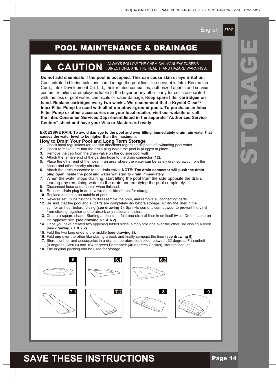 Storage, Save these instructions, Caution | Pool maintenance & drainage, Page 14 english | Intex 12 FT X 30 IN METAL FRAME POOL 2013 User Manual | Page 14 / 17