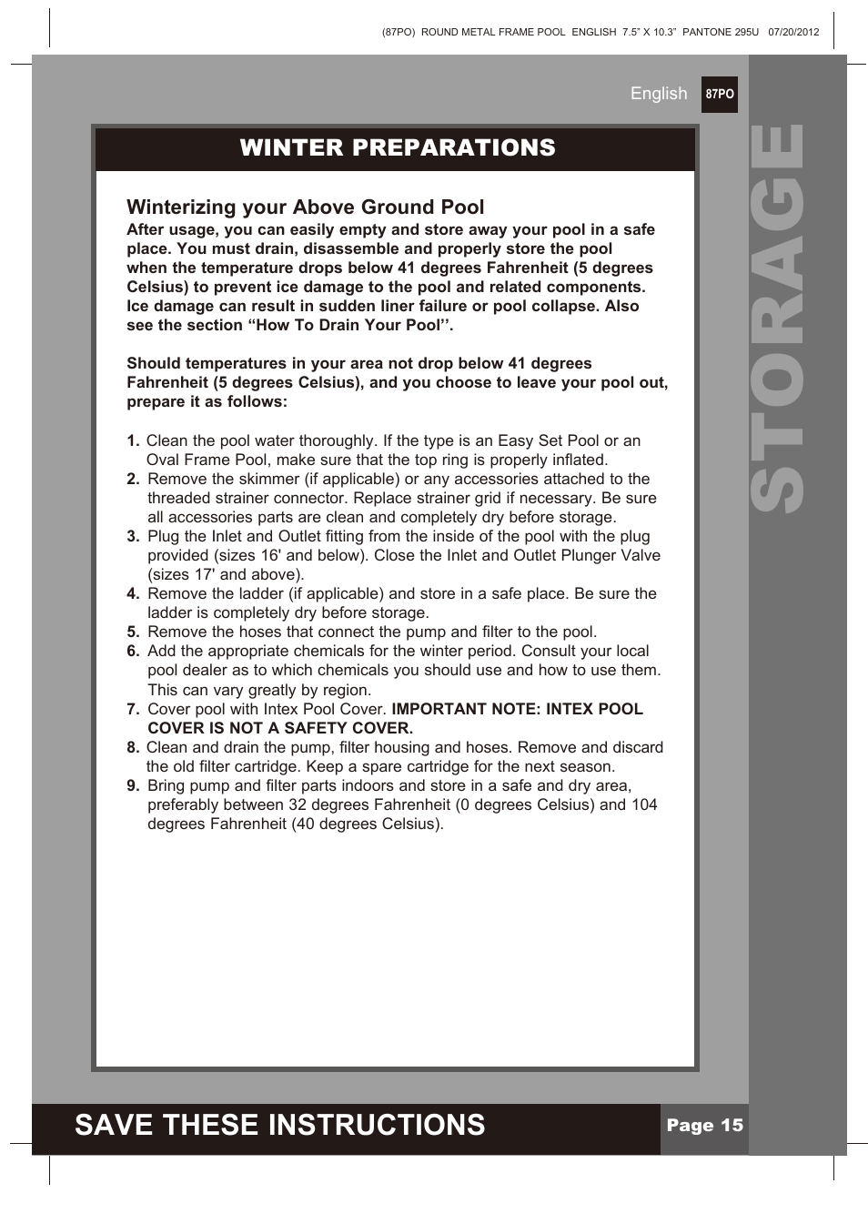 Storage, Save these instructions, Winter preparations | Intex 12 FT X 30 IN METAL FRAME POOL 2013 User Manual | Page 15 / 17