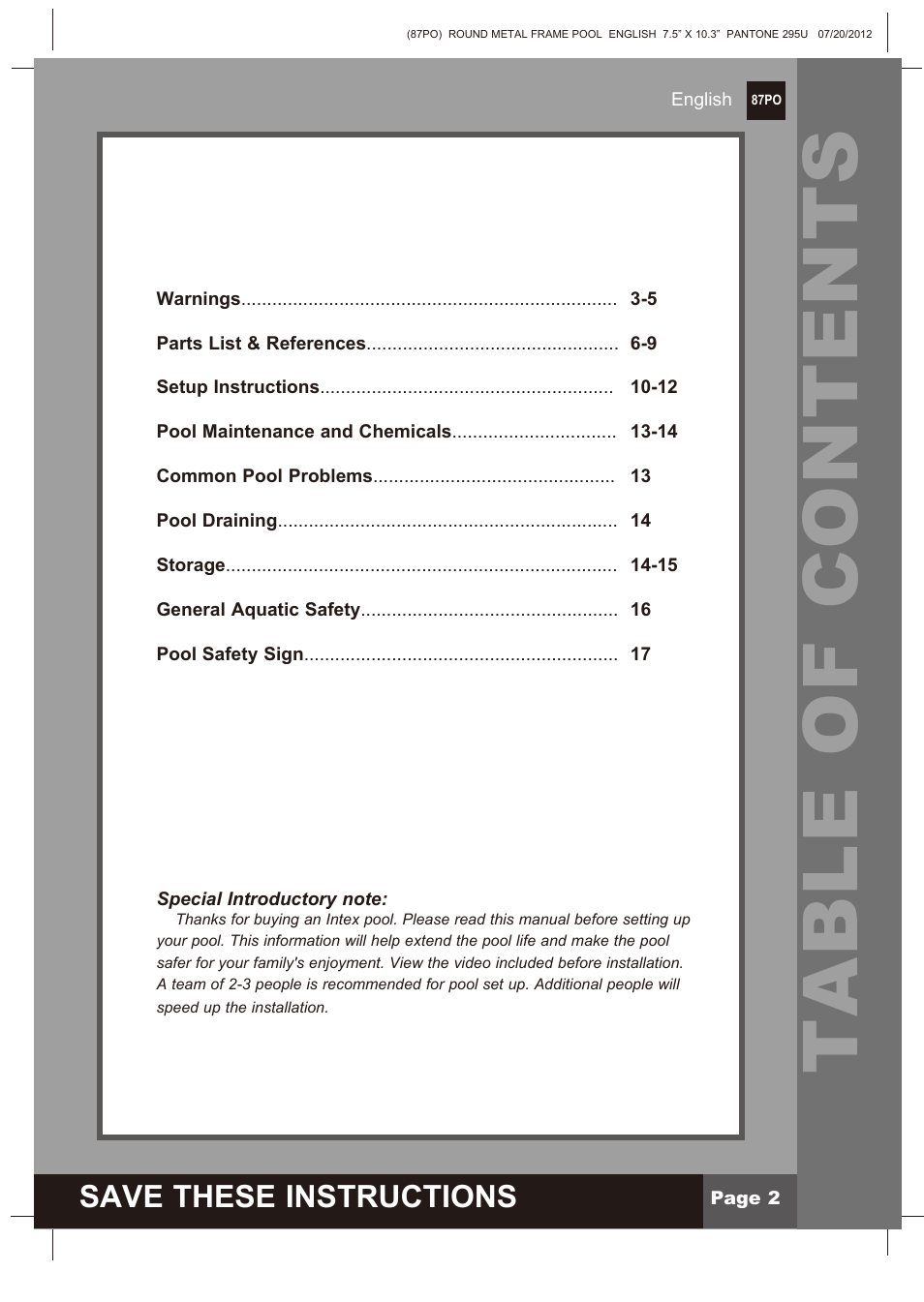 Intex 12 FT X 30 IN METAL FRAME POOL 2013 User Manual | Page 2 / 17
