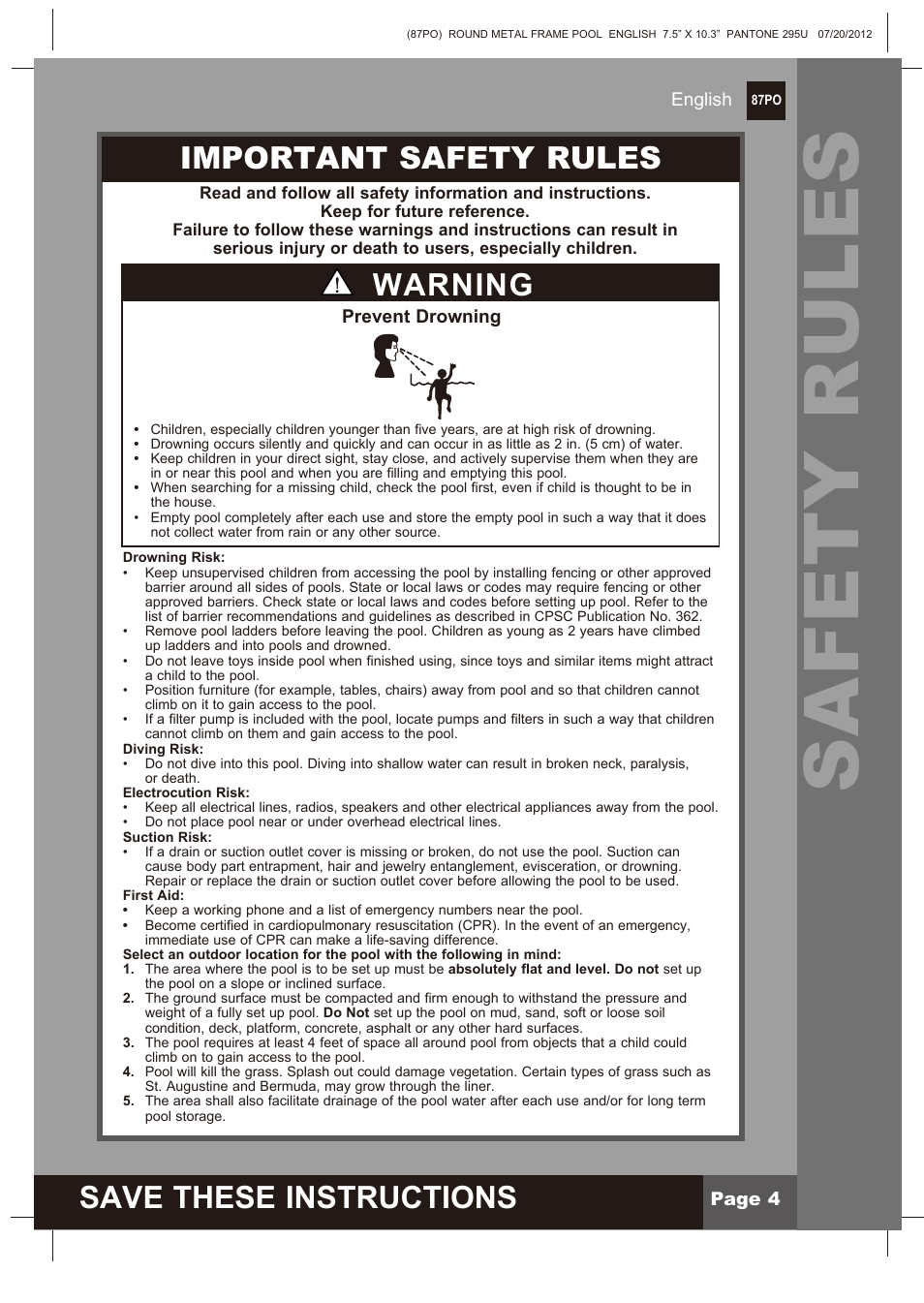 Safety rules, Save these instructions, Important safety rules | Warning | Intex 12 FT X 30 IN METAL FRAME POOL 2013 User Manual | Page 4 / 17