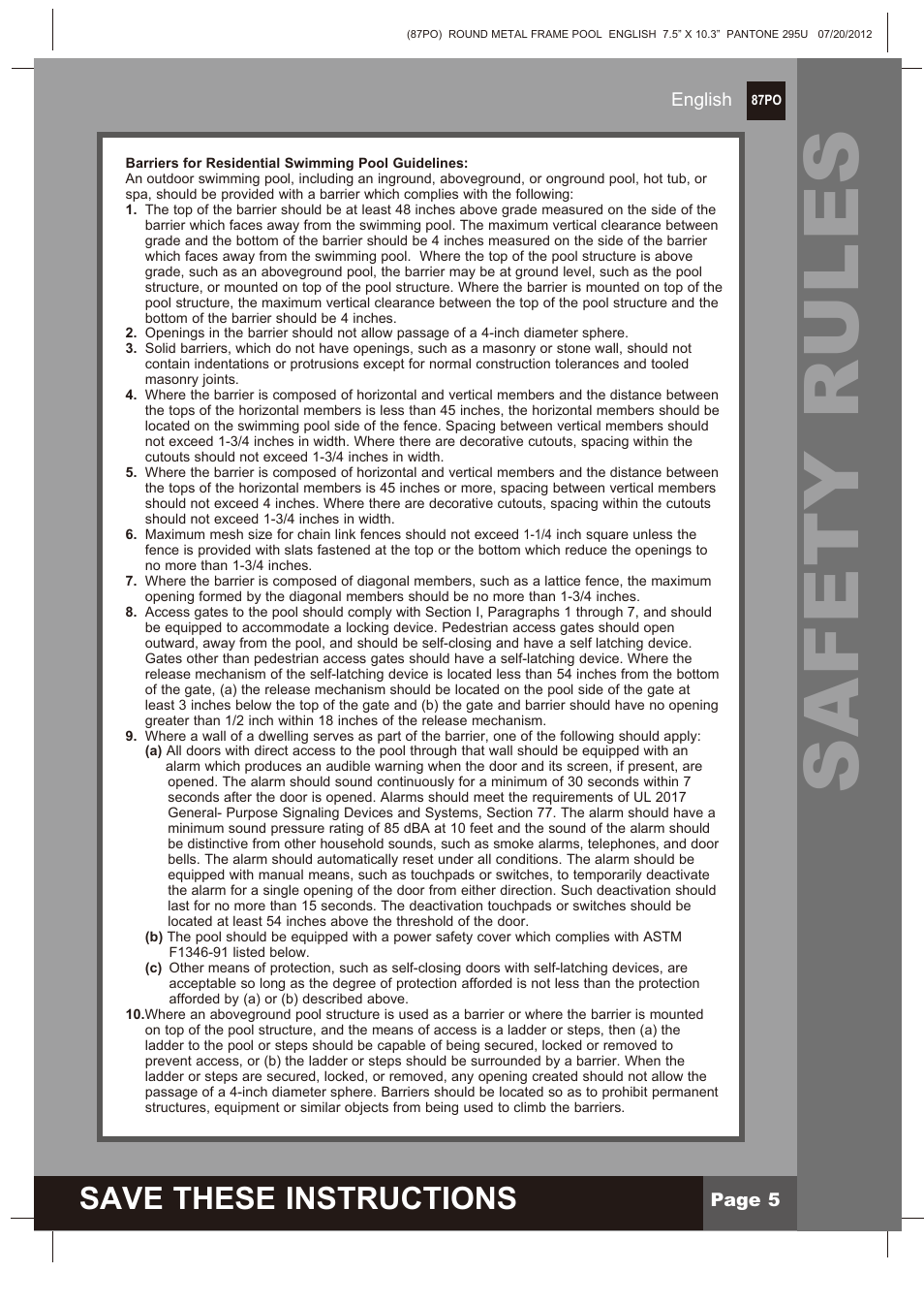 Safety rules, Save these instructions | Intex 12 FT X 30 IN METAL FRAME POOL 2013 User Manual | Page 5 / 17