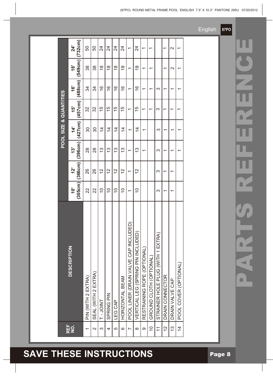 Parts reference, Save these instructions | Intex 12 FT X 30 IN METAL FRAME POOL 2013 User Manual | Page 8 / 17