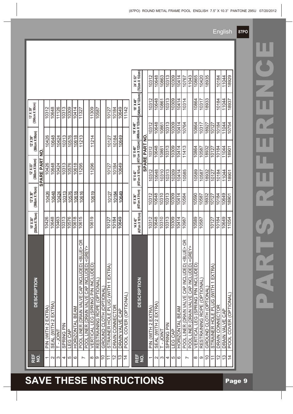 Parts reference, Save these instructions, Page 9 english | Intex 12 FT X 30 IN METAL FRAME POOL 2013 User Manual | Page 9 / 17