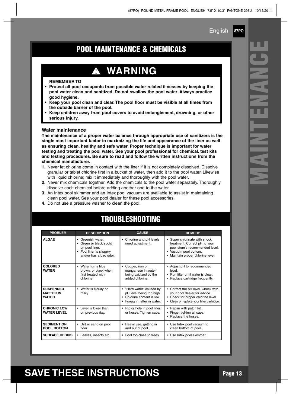 Save these instructions, Warning, Pool maintenance & chemicals troubleshooting | Intex 18 FT X 48 IN METAL FRAME POOL User Manual | Page 13 / 19