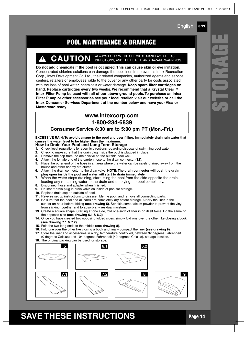 Ss tt oo rr aa gg ee, Save these instructions, Caution | Intex 18 FT X 48 IN METAL FRAME POOL User Manual | Page 14 / 19