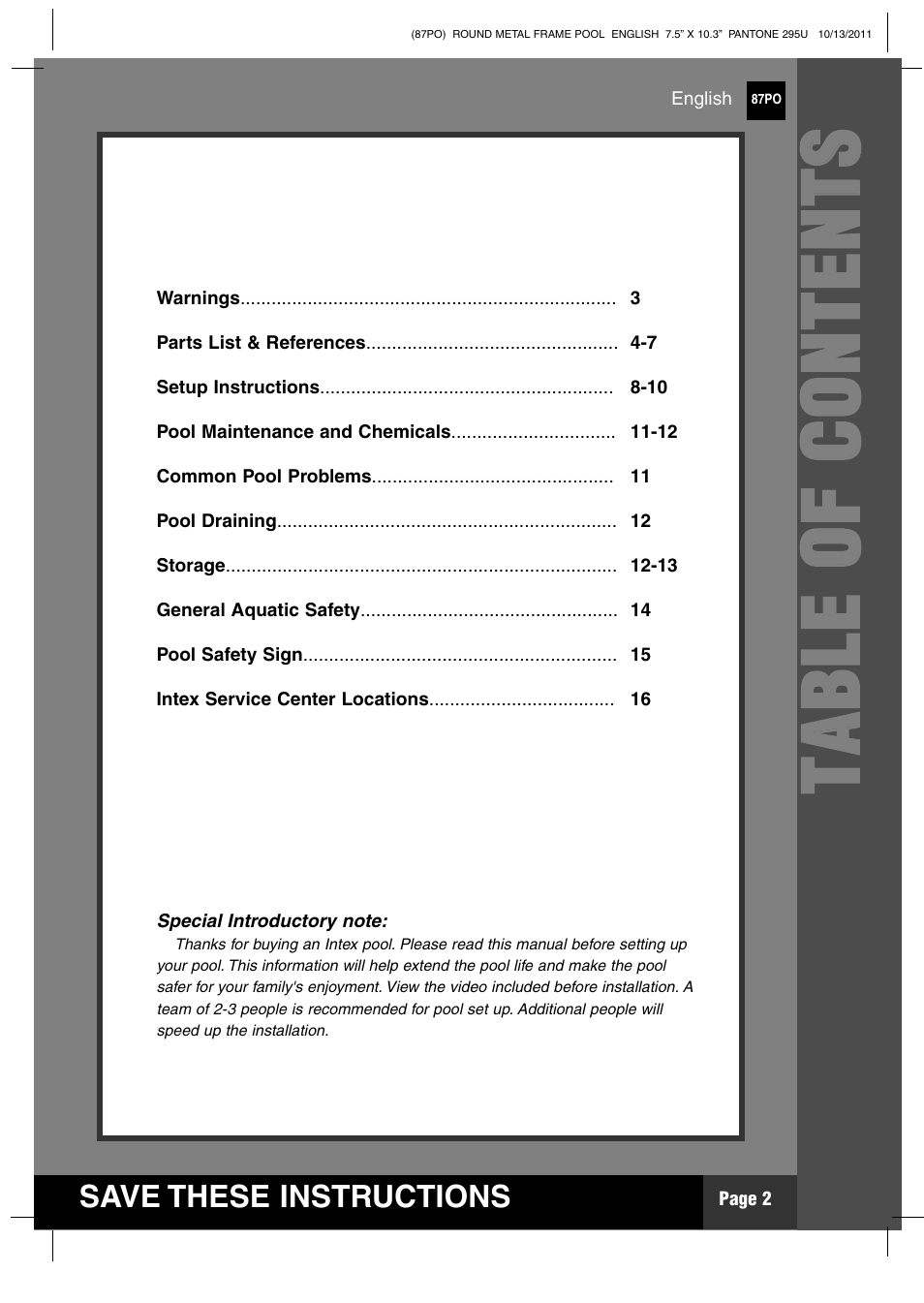 Tt aa bb ll ee oo ff cc oo nn tt ee nn tt ss | Intex 18 FT X 48 IN METAL FRAME POOL User Manual | Page 2 / 19