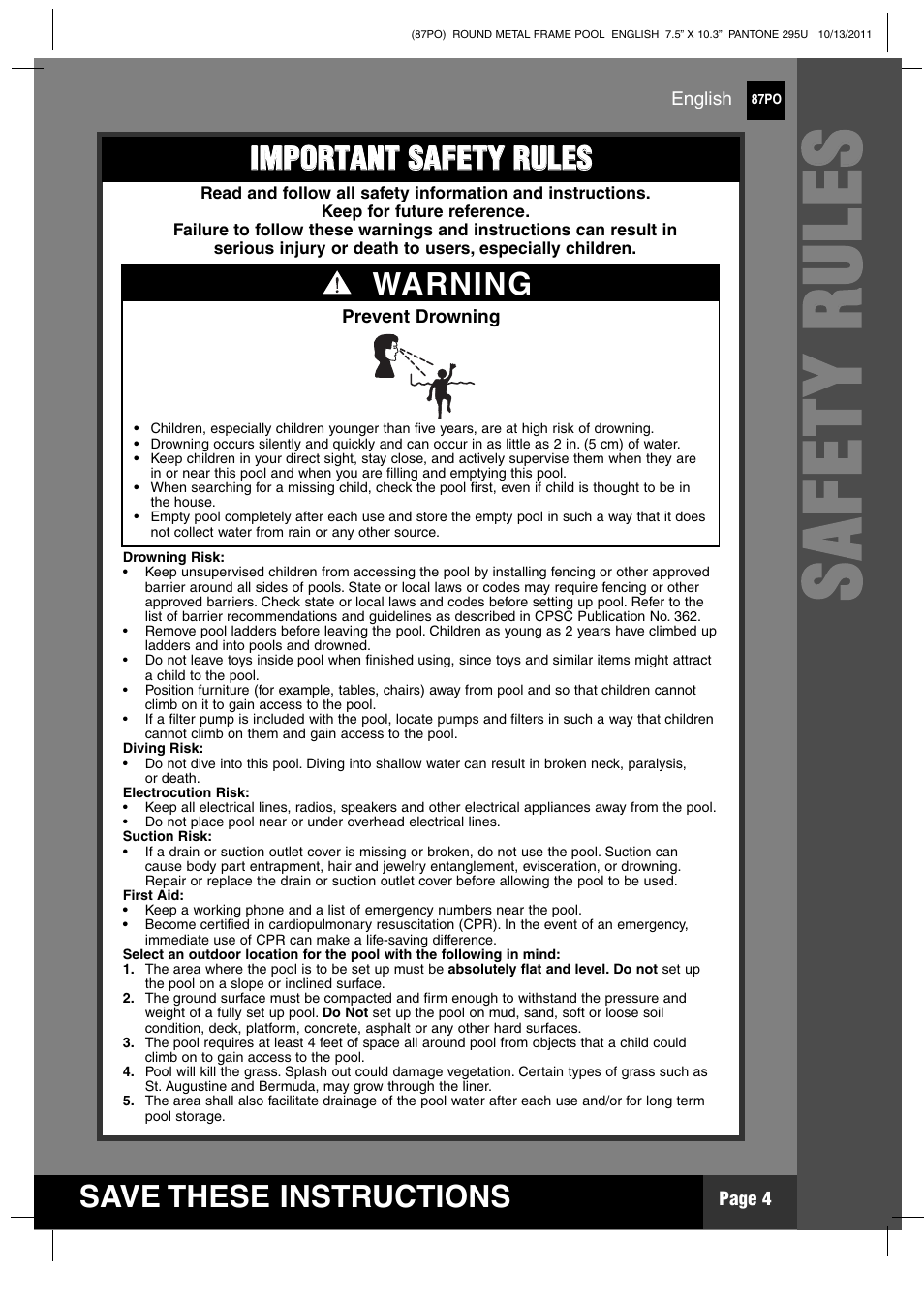 Ss aa ff ee tt yy rr uu ll ee ss | Intex 18 FT X 48 IN METAL FRAME POOL User Manual | Page 4 / 19