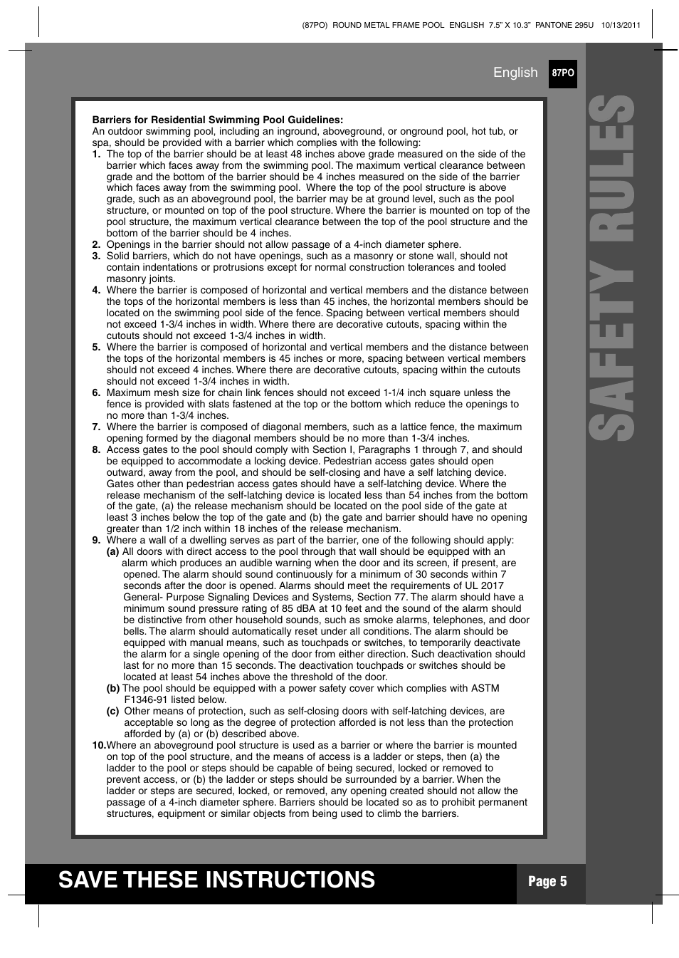 Ss aa ff ee tt yy rr uu ll ee ss | Intex 18 FT X 48 IN METAL FRAME POOL User Manual | Page 5 / 19