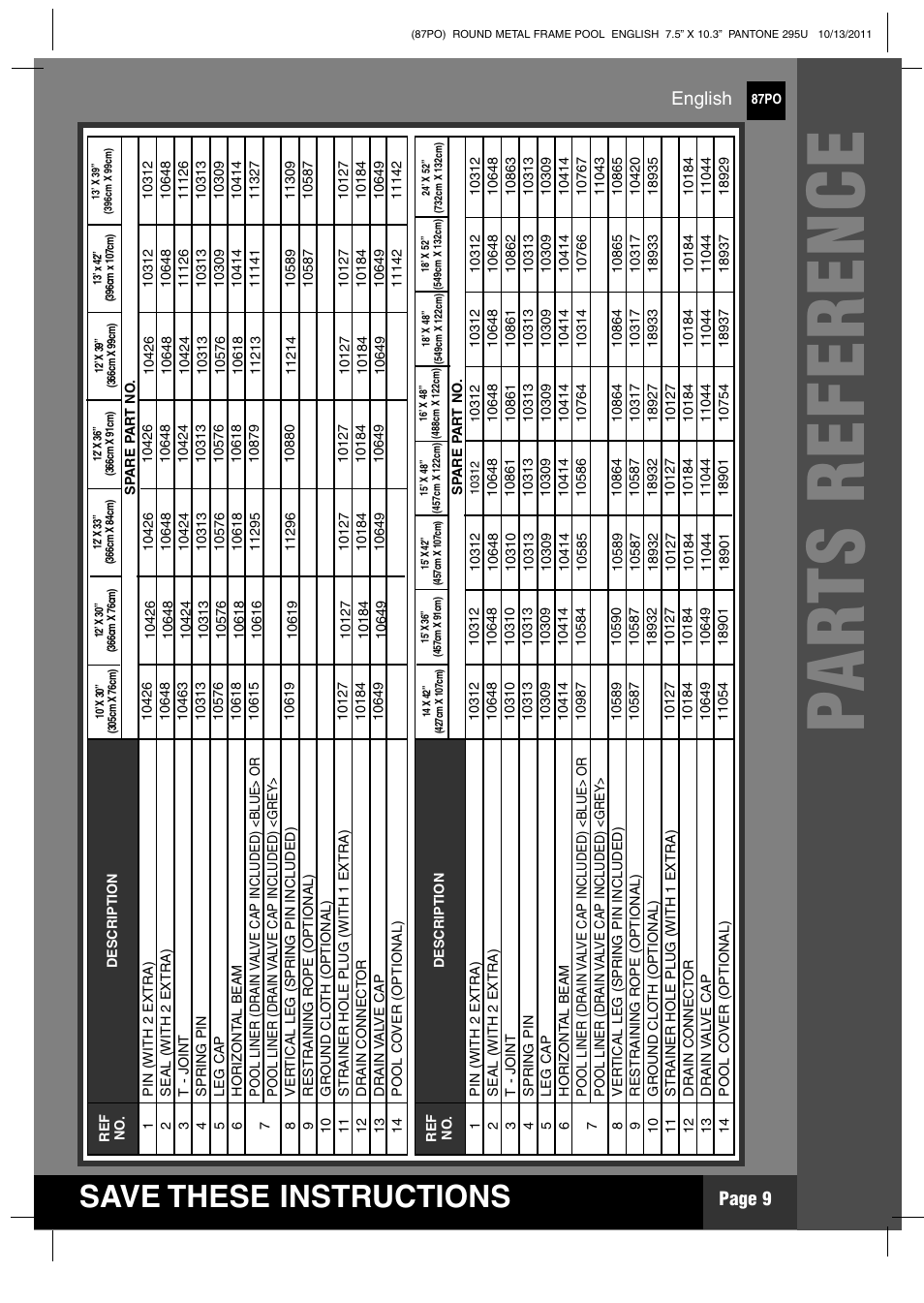 Save these instructions, Page 9, English | Intex 18 FT X 48 IN METAL FRAME POOL User Manual | Page 9 / 19