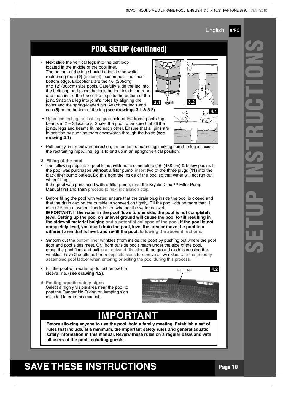 Setup instructions, Save these instructions, Important | Pool setup (continued) | Intex 12 FT X 30 IN METAL FRAME POOL 2011 User Manual | Page 10 / 17
