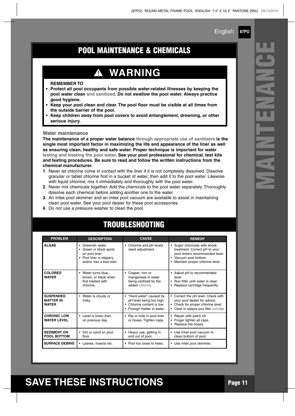 Maintenance, Save these instructions, Warning | Pool maintenance & chemicals troubleshooting, Page 11, English | Intex 12 FT X 30 IN METAL FRAME POOL 2011 User Manual | Page 11 / 17