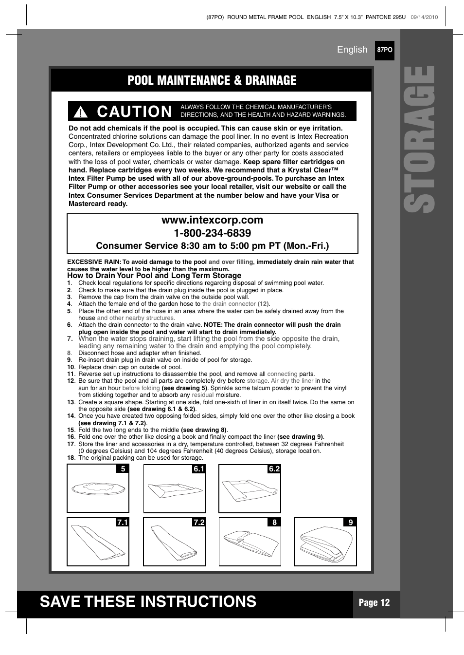 Stora g e, Save these instructions, Caution | Pool maintenance & drainage | Intex 12 FT X 30 IN METAL FRAME POOL 2011 User Manual | Page 12 / 17