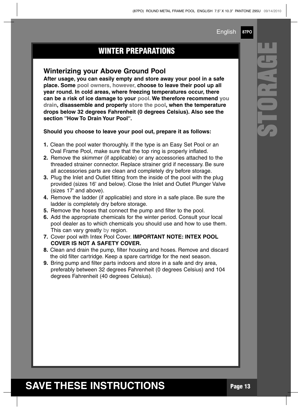 Stora g e, Save these instructions | Intex 12 FT X 30 IN METAL FRAME POOL 2011 User Manual | Page 13 / 17