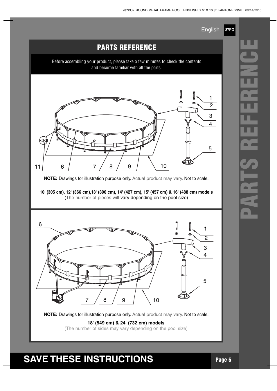 Pa r ts reference, Save these instructions | Intex 12 FT X 30 IN METAL FRAME POOL 2011 User Manual | Page 5 / 17