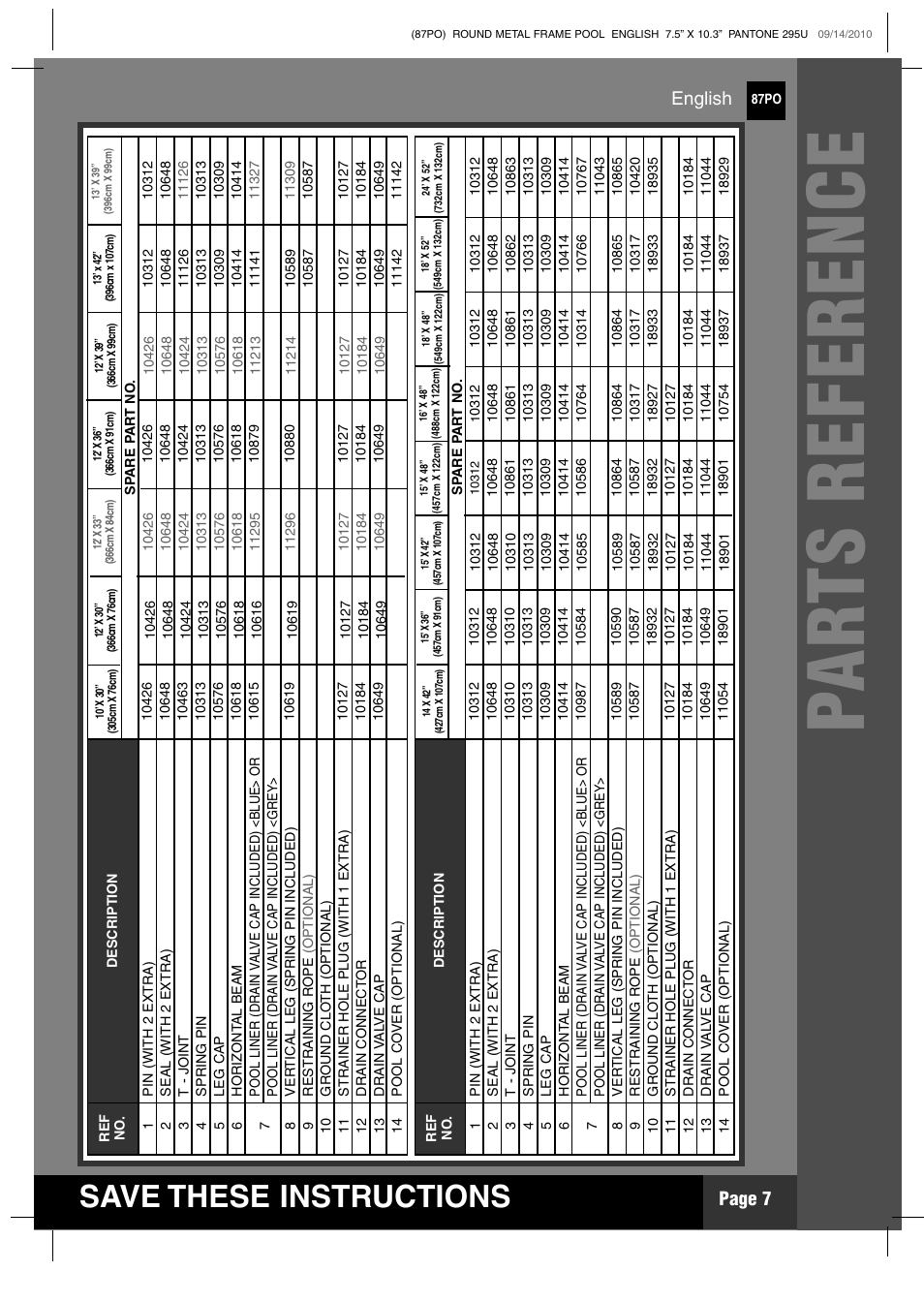 Pa r ts reference, Save these instructions, Page 7 | English | Intex 12 FT X 30 IN METAL FRAME POOL 2011 User Manual | Page 7 / 17