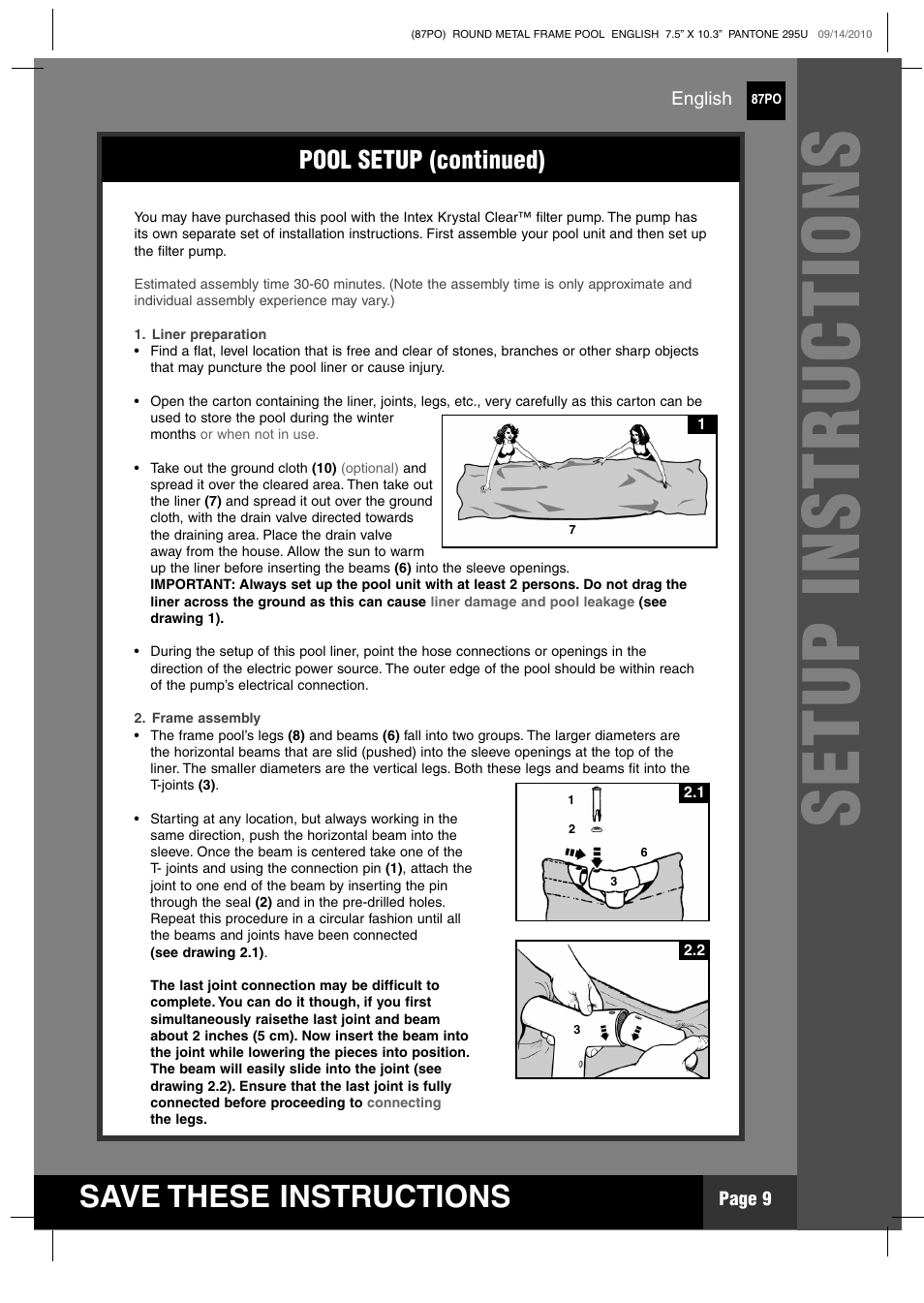 Setup instructions, Save these instructions, Pool setup (continued) | Intex 12 FT X 30 IN METAL FRAME POOL 2011 User Manual | Page 9 / 17