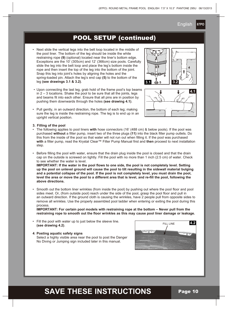 Save these instructions, Pool setup (continued), English | Page 10 | Intex 10 FT X 30 IN METAL FRAME POOL 2014 User Manual | Page 10 / 15