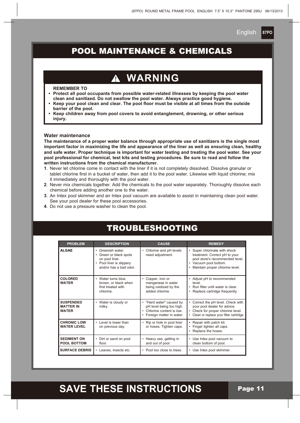 Save these instructions, Warning, Pool maintenance & chemicals troubleshooting | English, Page 11 | Intex 10 FT X 30 IN METAL FRAME POOL 2014 User Manual | Page 11 / 15
