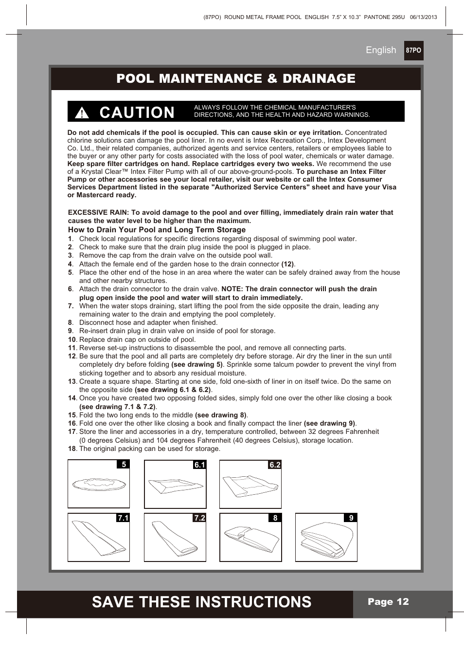 Save these instructions, Caution, Pool maintenance & drainage | English, Page 12 | Intex 10 FT X 30 IN METAL FRAME POOL 2014 User Manual | Page 12 / 15