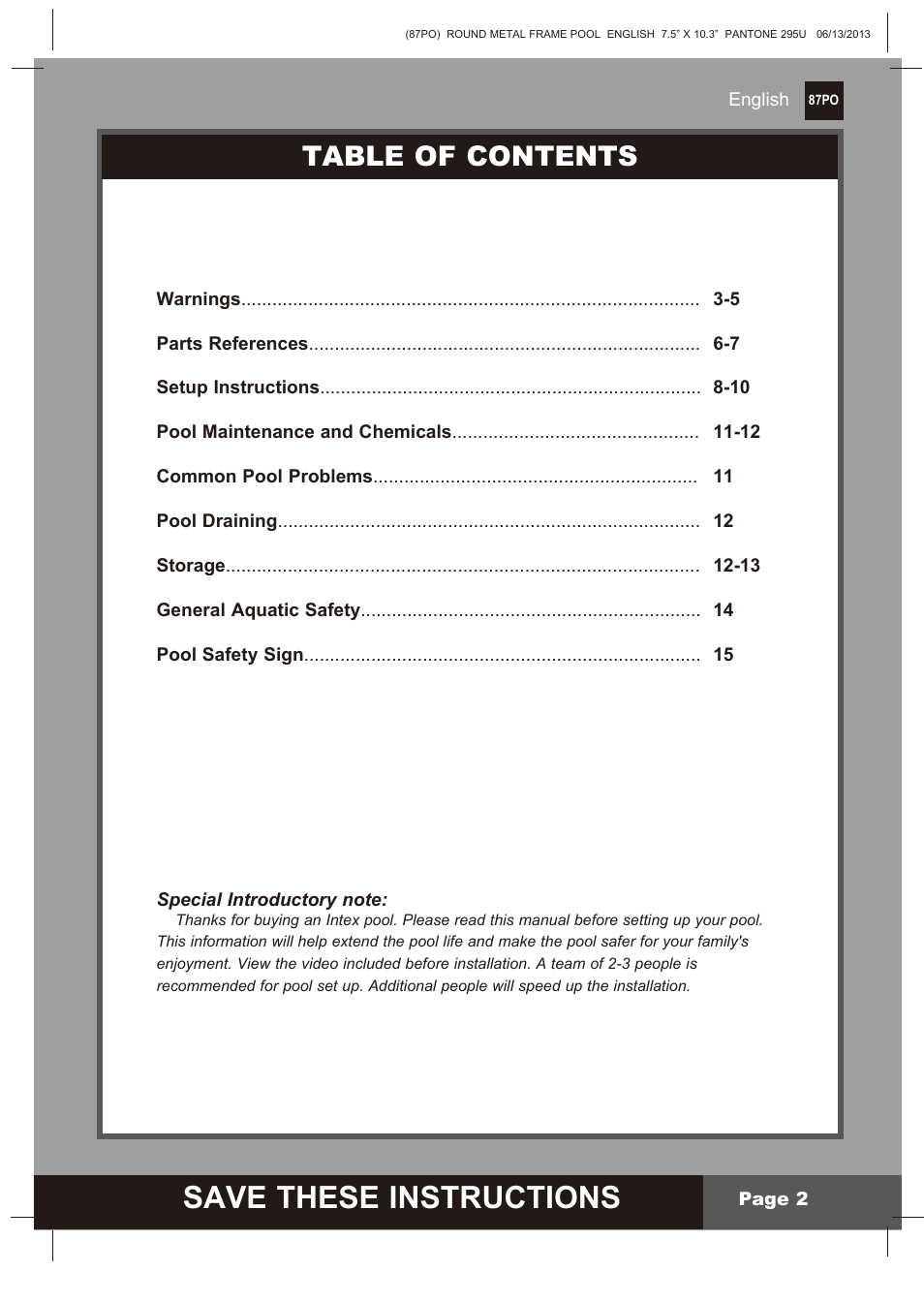 Intex 10 FT X 30 IN METAL FRAME POOL 2014 User Manual | Page 2 / 15