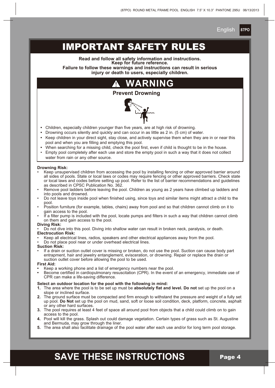 Save these instructions, Important safety rules, Warning | English, Page 4, Prevent drowning | Intex 10 FT X 30 IN METAL FRAME POOL 2014 User Manual | Page 4 / 15