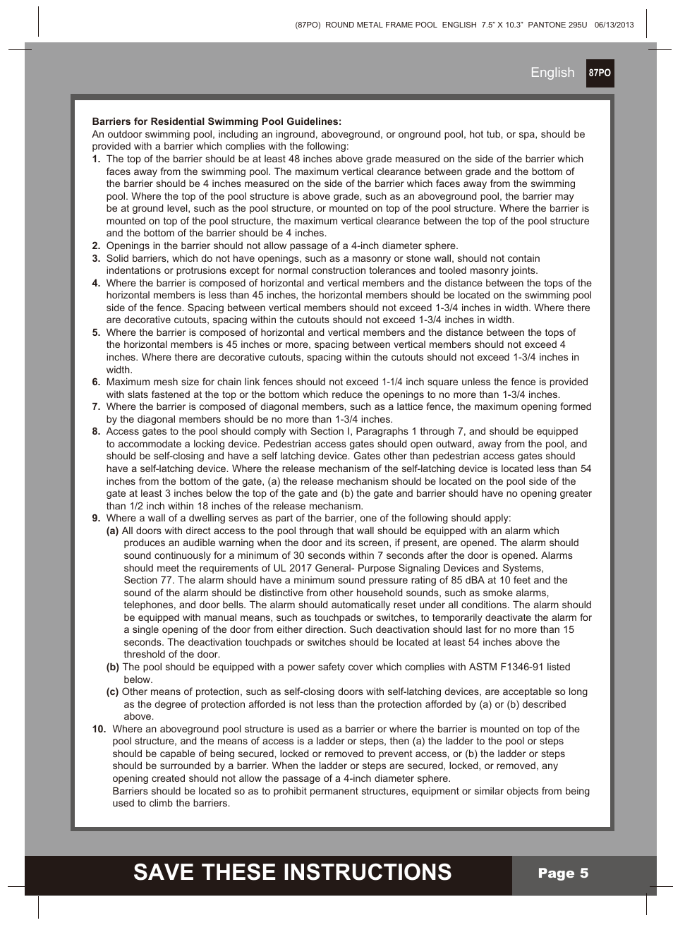 Save these instructions, English, Page 5 | Intex 10 FT X 30 IN METAL FRAME POOL 2014 User Manual | Page 5 / 15