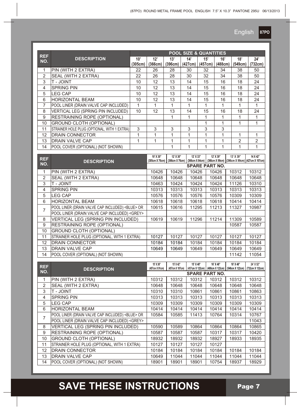 Save these instructions, English, Page 7 | Intex 10 FT X 30 IN METAL FRAME POOL 2014 User Manual | Page 7 / 15