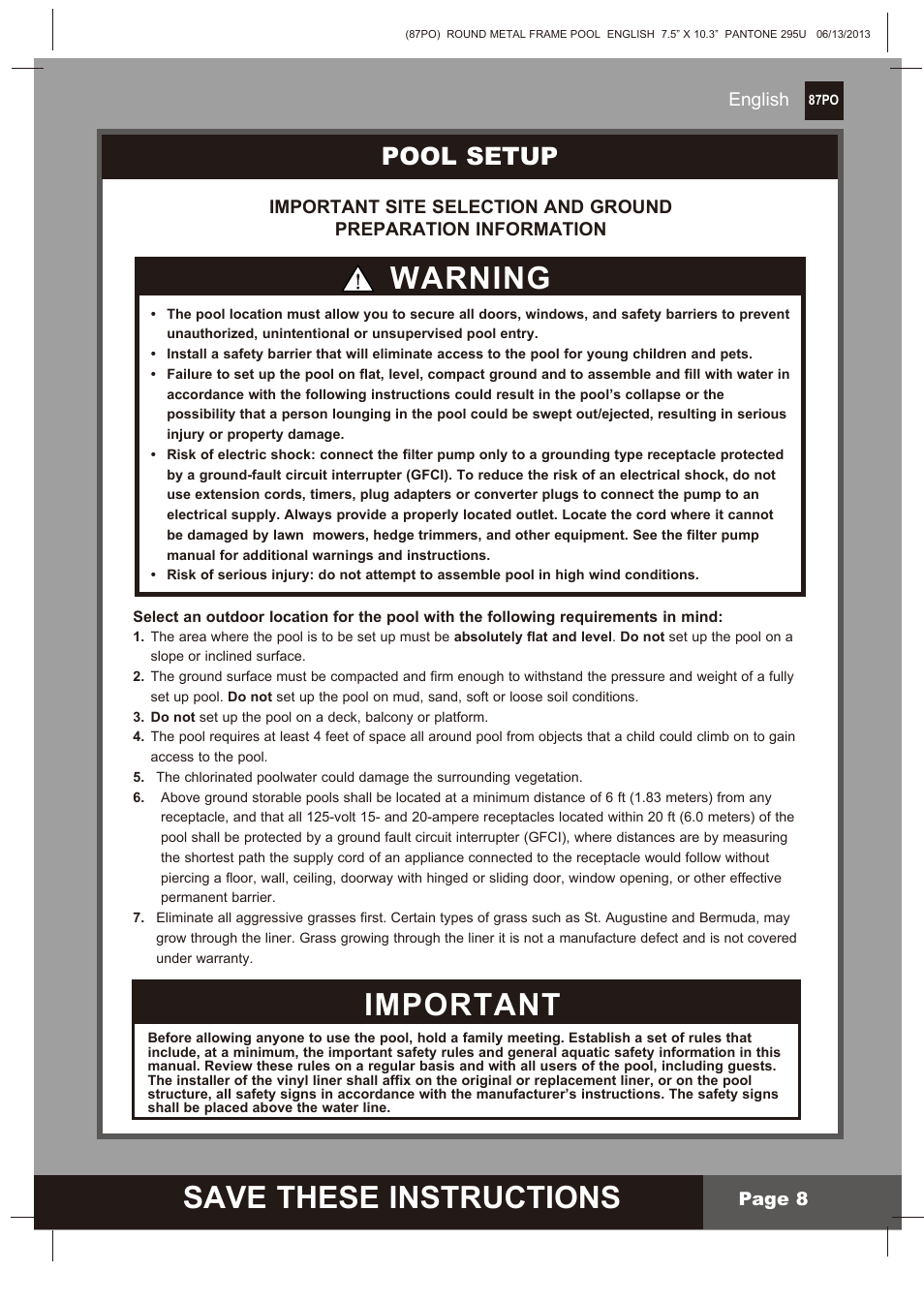 Save these instructions, Important, Warning | Pool setup | Intex 10 FT X 30 IN METAL FRAME POOL 2014 User Manual | Page 8 / 15