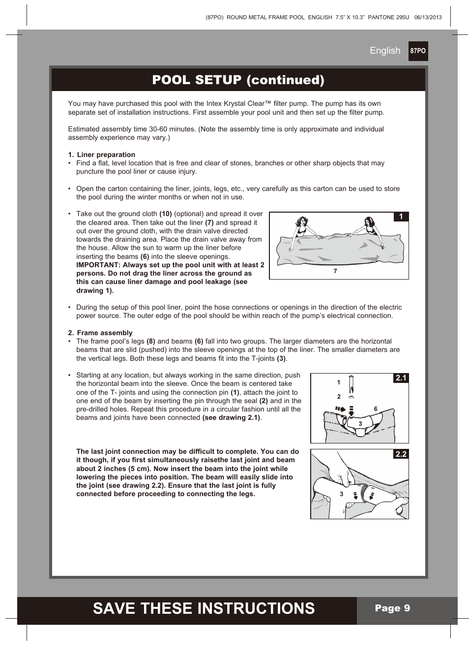 Save these instructions, Pool setup (continued), English | Page 9 | Intex 10 FT X 30 IN METAL FRAME POOL 2014 User Manual | Page 9 / 15