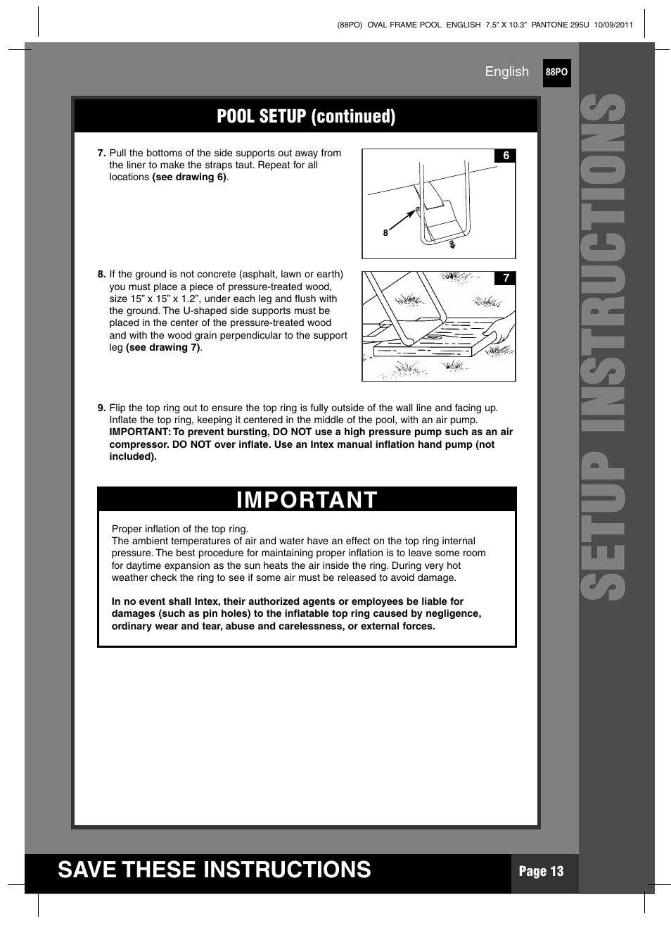 Ss ee tt uu pp ii nn ss tt rr uu cc tt iioo nn ss | Intex 20 FT X 12 FT X 48 IN OVAL FRAME POOL User Manual | Page 13 / 21