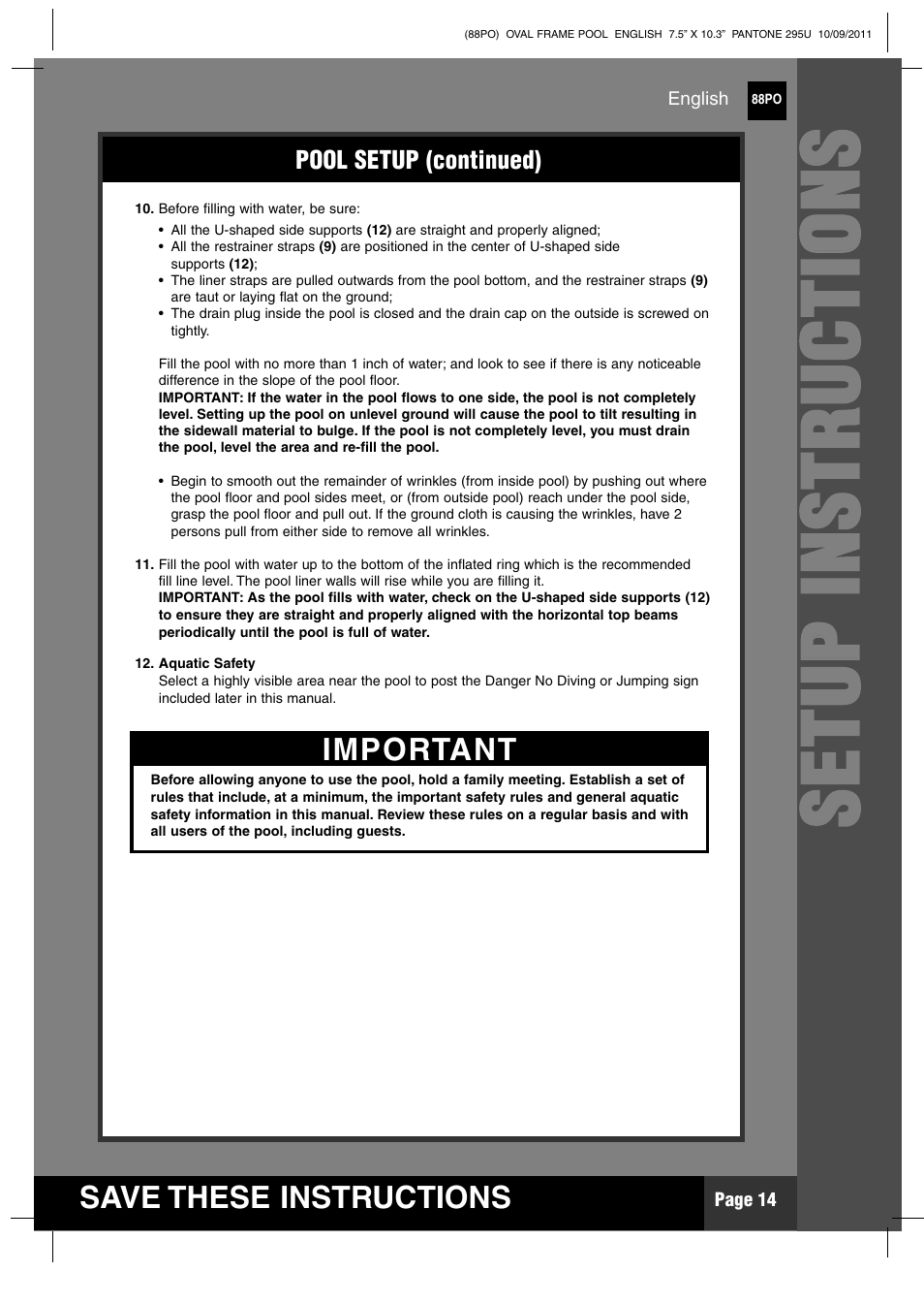 Ss ee tt uu pp ii nn ss tt rr uu cc tt iioo nn ss | Intex 20 FT X 12 FT X 48 IN OVAL FRAME POOL User Manual | Page 14 / 21