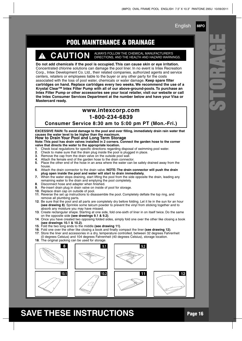 Ss tt oo rr aa gg ee, Save these instructions, Caution | Intex 20 FT X 12 FT X 48 IN OVAL FRAME POOL User Manual | Page 16 / 21