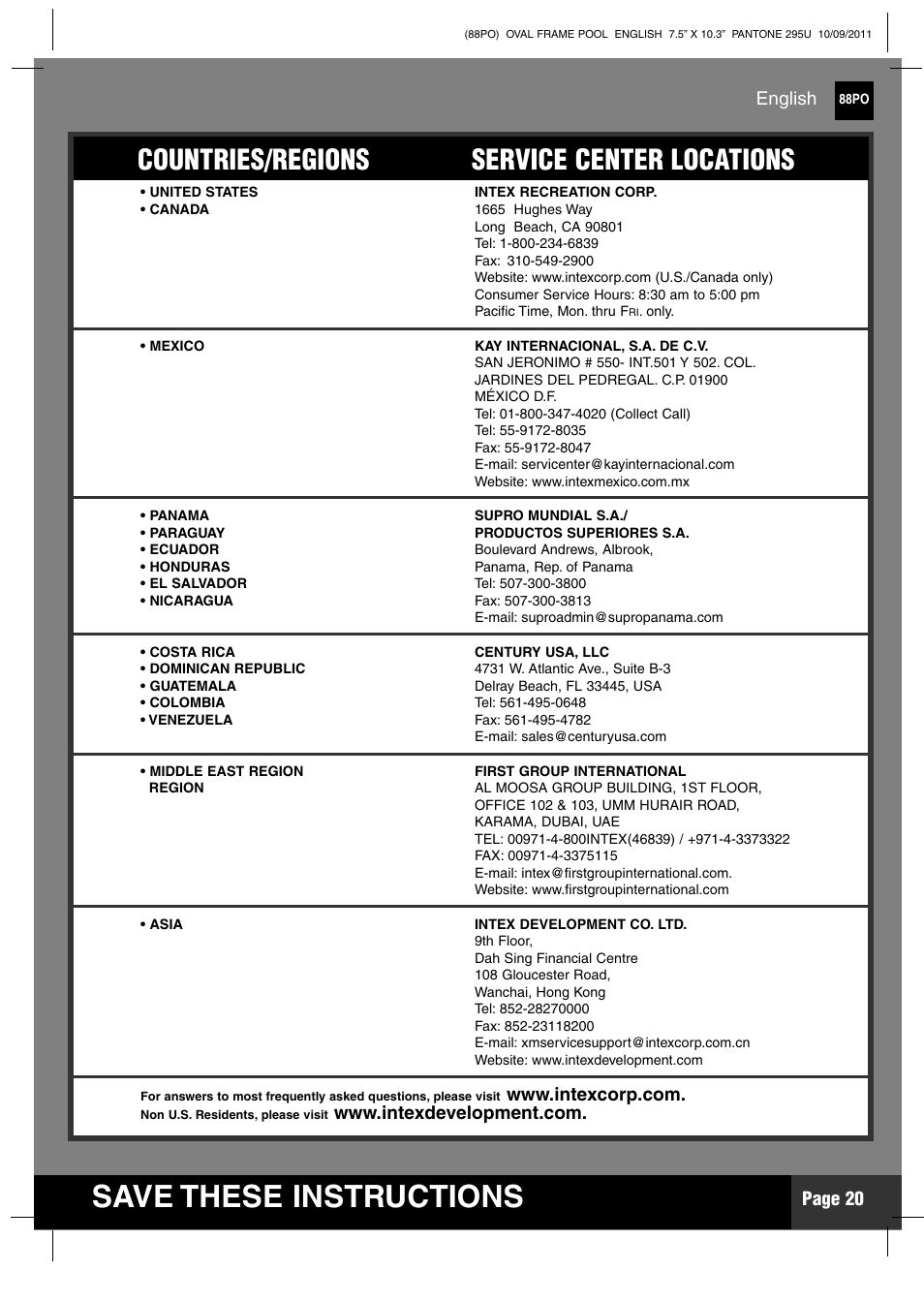 Save these instructions, Countries/regions service center locations, Page 20 | English | Intex 20 FT X 12 FT X 48 IN OVAL FRAME POOL User Manual | Page 20 / 21